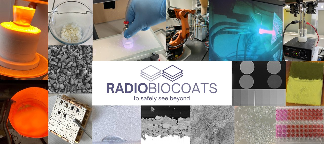 Collage of RADIOBIOCOATS work: glass melting, powders, plasma spraying with a robot, radiographs of glass pellets, coated samples, electron micrographs and cell-culture plates.