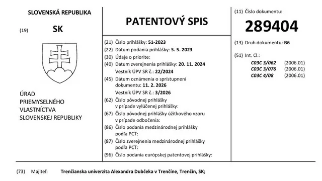 Front page of Slovak patent document SK 289404 B6.