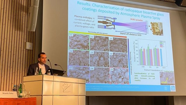Speaker presenting plasma-sprayed coating results at EORS 2025.